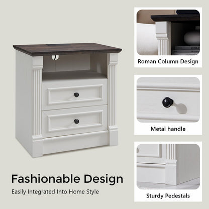26" Tall Farmhouse Night stand Set of 2, 2 Drawers End Table w/Charging Station, 23.6" Wide Wood Side Table w/Roman Column, Large Rustic Sofa Table w/Open Shelf, Bedside Table for Bedroom, White