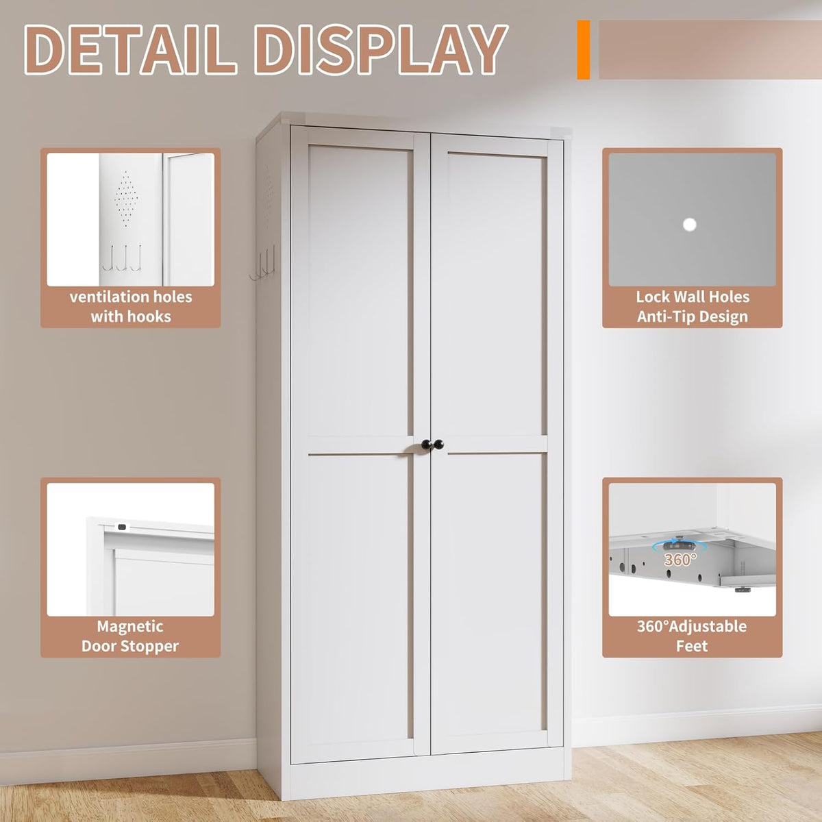 Tall White Metal Kitchen Pantry Cabinet, Stainless Steel Frame Storage Cabinet with Adjustable Shelves & Glass Doors, for Small Kitchen Pantry Living Room Bathroom, 27.6x13.8x72 Inches