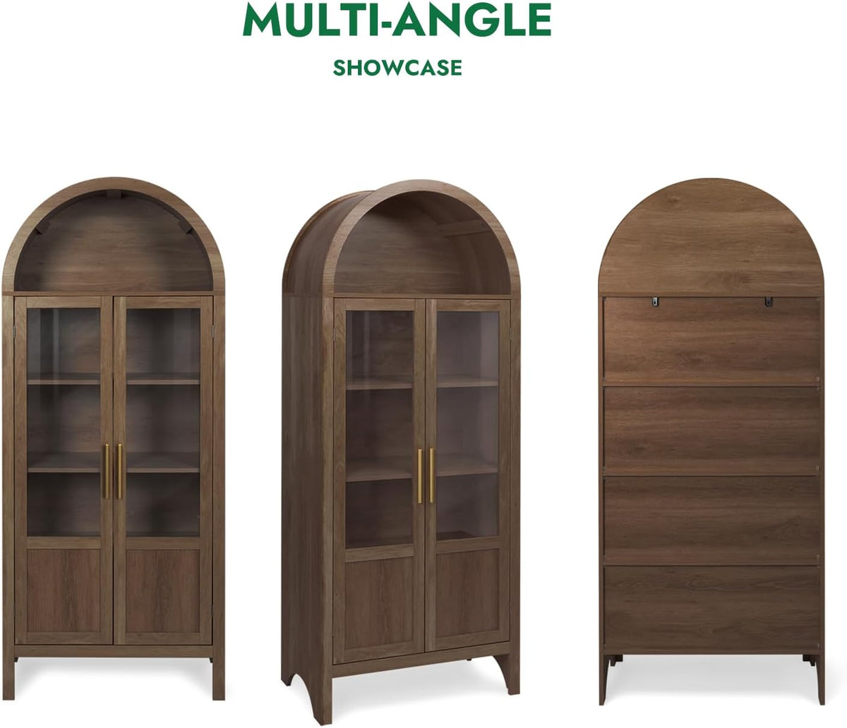 Arched Storage Cabinet with 2 Doors and 5-Tier Shelves for Living Room, 71" Tall Wooden Pantry Cabinet for Dining Room and Kitchen, Floor Bathroom Organizer, Brown