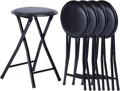 Homy Casa 18-Inch Backless Folding Stools with Soft Seat, Portable Waterproof Faux Leather Stools Foldable Chairs with Sturdy Frame for Indoor and Outdoor Use (Black, Set of 4)