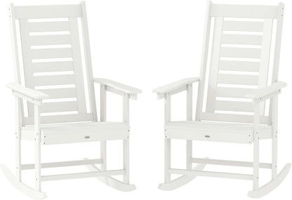 Outsunny Outdoor Rocking Chairs Set of 2 HDPE Patio 28" High Back White | Wide Armrests, All-Weather Slatted Porch Rockers, Garden, Balcony, Fire Pit