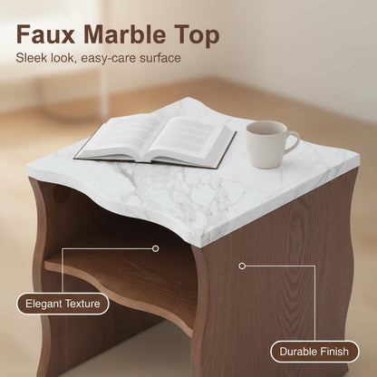 Mid-Century Modern Side Table,17.72" Whisper of Waves Design End Table with White Marble-Pattern Tabletop Open Storage Shelf and Solid Wood Veneered Base Bedroom Nightstand End Table for Living Room