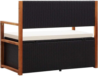 Poly Rattan Outdoor Storage Bench with Solid Acacia Wood Armrests and Backrest, Large Hidden Storage Space, Thick Removable Seat Cushion, Black