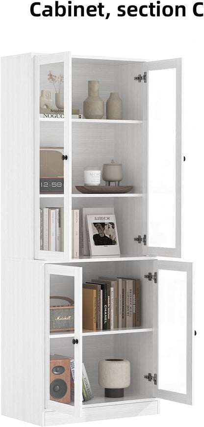 TUSY 71'' Tall Pantry Cabinet, Kitchen Hutch Storage Cabinet, Buffet Hutch Set of 3, China Cabinet with Glass Doors, 5-Tier Storage Cabinets for Dining Room, Living Room (White)