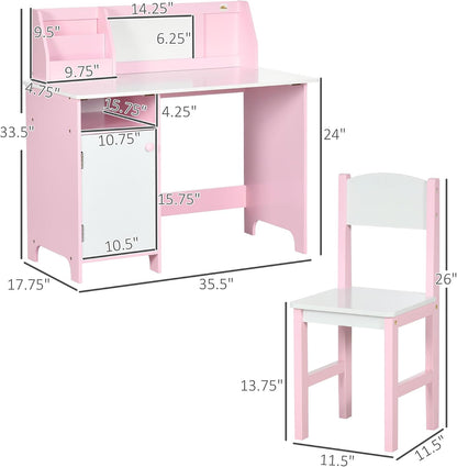 Toddler Table and Chair Set with Whiteboard and Storage Cabinet, Pink | Kids Writing Desk and Homework Table for Drawing, Learning, and Playroom Activities
