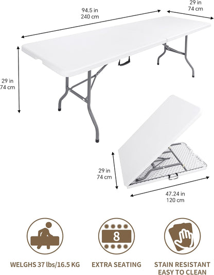8ft Folding Table, Heavy Duty White Large Portable Foldable Table | Plastic 8 foot folding table seats 8. Rectangular with carrying handle. Indoor outdoor camping, picnic, party and banquet