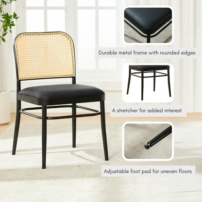 Rattan Dining Chairs Set of 4, Mid-Century Modern, Black | Cane Back Design, Faux Leather Upholstery, Boho Style, Comfortable Padded Seat, 350 LBS Weight Capacity