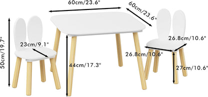 ALEVINE Kids Table and 2 Rabbit Ear Chairs Set, 3-Piece Toddler Wooden Activity Table and Chair Set with Solid Wood Legs, White