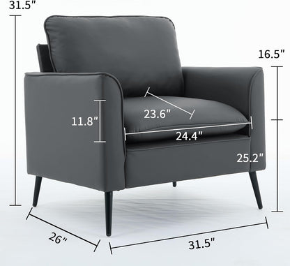 YISHENG Mid-Century Modern Living Room Accent Chairs Set of 2 - Oversized Faux Leather Armchairs with Removable Cushions & Metal Legs, Comfortable Sofas for Office/Lounge/Bedroom/Reception,Gray