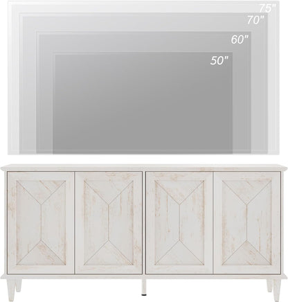 WAMPAT 65-inch Handcrafted Patchwork Decorative Buffet Cabinet with Pop-Up Design Doors,Full Unit Modern Farmhouse Accent Credenza for Coffee Bar, Kitchen, and Living Room, Pale Oak