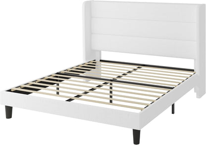 SHA CERLIN Queen Size Velvet Bed Frame with Wingback Headboard/Upholstered Platform Bed with Wooden Slats/Mattress Foundation/No Box Spring Needed/Easy Assembly/White