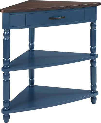 33.8'' Small Triangle Corner Table,3 Tier End Table with Open Shelf and Solid Wood Legs,Wood Corner Side Table with 1 Storage Drawer for Bedroom,Living Room,Small Spaces (Navy Blue-14)