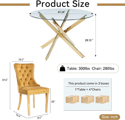 5 Piece Round Glass Dining Table Set for 4, 47" Round Dining Table & Chair Set Modern Circle Glass Kitchen Table and 4 Velvet Upholstered Chairs for Kitchen Dining (Gold Table & Gold Chair)
