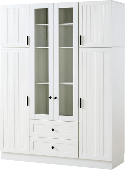 Kitchen Pantry with 6-Door, Drawers, Adjustable Shelves, Pull-Out, White | Spacious 53.2" freestanding sideboard with 6 doors, white finish, ideal for dining area, hallway, or living room display