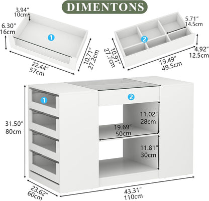 Gyfimoie Closet Island with Drawers, Armoire Wardrobe Closet with LED Lights White Dresser Walk-in Closets with Glass Top for Bedroom & Cloakroom