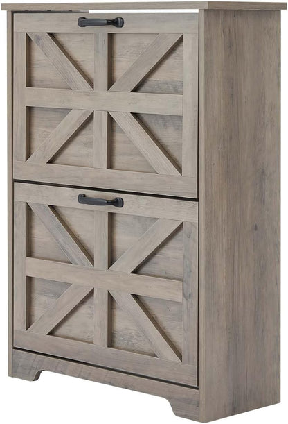 Shoe Cabinet with 2 Flip Drawers, Farmhouse Shoe Storage for Entryway, Wooden Shoe Organizer Cabinet with Adjustable Shelves, Hidden Slim Shoe Cabinet for Hallway, Living Room, Sierra