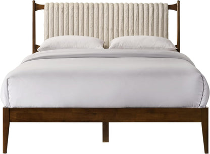 Ella Wooden Platform Bed | Box Spring Not Required | Walnut and Beige, Queen