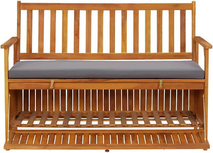 Patio Storage Bench with Cushion, 47.2 inch Outdoor Garden Seating, Solid Acacia Wood Furniture for Backyard, Porch, Deck, Gray