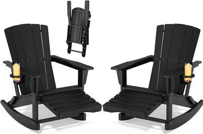 Adirondack Rocking Chair with Retractable Ottoman Set of 2,Outdoor Folding Adirondack Chair with Cup Holder,HDPE All-Weather Patio Lounge Chair for Porch,Lawn, Poolside, Black