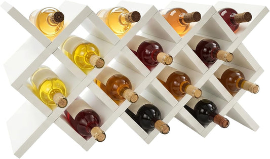 10 Grids Wooden Wine Rack – Wall Mounted or Countertop Storage, Diamond Lattice Design for 10 Bottles, Space-Saving Horizontal Storage, White