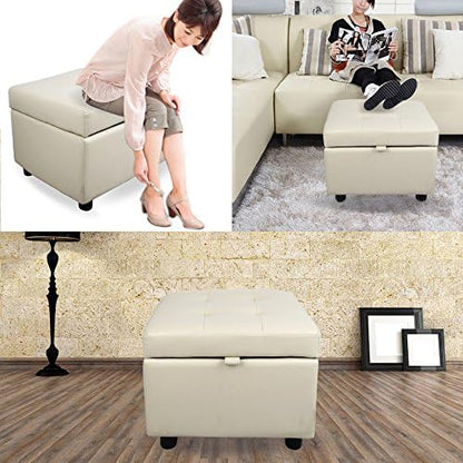 H&B Luxuries Tufted Leather Square Flip Top Storage Ottoman Cube Foot Rest (Cream with Storage)