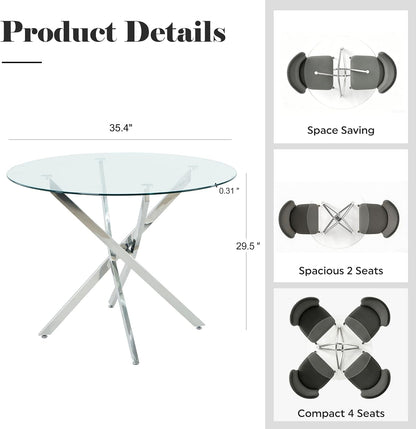 36-Inch Round Tempered Glass Dining Table for 2-4 Person Space-Saving Small Kitchen Table with Heavy-Duty Metal Legs Perfect for Dining Room, Apartment, Condo (Silver)