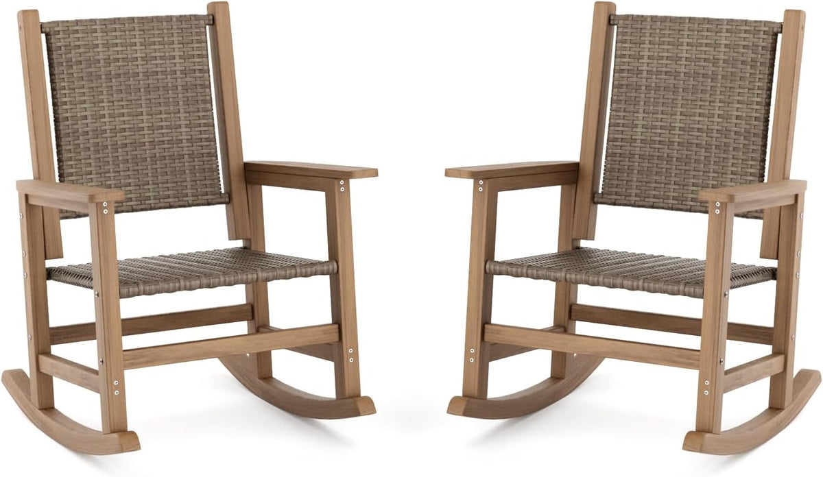 HDPE Outdoor Rocking Chair Set of 2, Wicker Patio Rocking Chair for Adult, All Weather Rocking Chair Outdoor for Porch, Garden, Lawn, and Balcony (Brown)