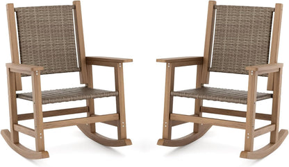 HDPE Outdoor Rocking Chair Set of 2, Wicker Patio Rocking Chair for Adult, All Weather Rocking Chair Outdoor for Porch, Garden, Lawn, and Balcony (Brown)