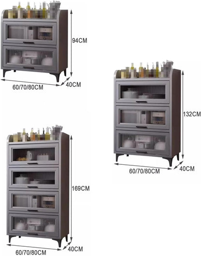 Kitchen Pantry Storage Cabinet E1 Grade Environmental Protection Board Concealed Flip-up Glass Cabinet Doors, for Kitchen Dining Room Living Room(Ash Gray,60cm*40cm*169cm)