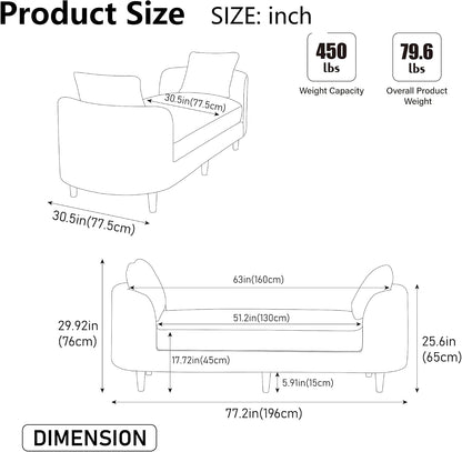 77" End of Bed Bench King Size,Chenille Extra Large Window Bench with 2 Pillows,End of Bed Couch,Upholstered Daybed Bench for Living Room(Beige,Ivory,White)