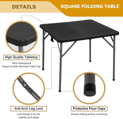 FDW 34" Folding Card Table Plastic Table Portable Square Height Dining Table Perfect for Party and Parties Backyard Events, Black