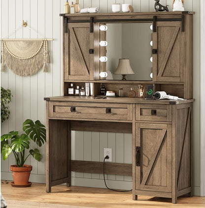 AOGLLATI Makeup Vanity with Lights & Barn Doors, Vanity Desk with Mirror and Lights & Charging Station, Farmhouse Brown Vanity Table with Jewelry Hooks and Open Storage Shelves