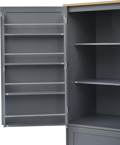 71" Tall Kitchen Pantry Storage Cabinet with 4 Doors, Freestanding Wooden Cupboard with 2 Drawers, 2 Adjustable Shelves and Cabinet Door Organizers for Kitchen, Dining Room, Grey