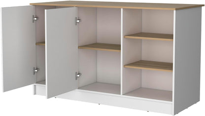 Melamine Kitchen Island with Two Doors and Three Open Shelves | two doors with internal shelves and three open storage shelves