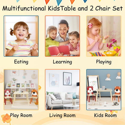 3 Pieces Kids Table and Chairs Set- Wooden Toddler Activity Table and 2 Chair Set with Bear and Tiger Chairs, Play Drawing Table for Daycare Classroom Nursery Home, Natural