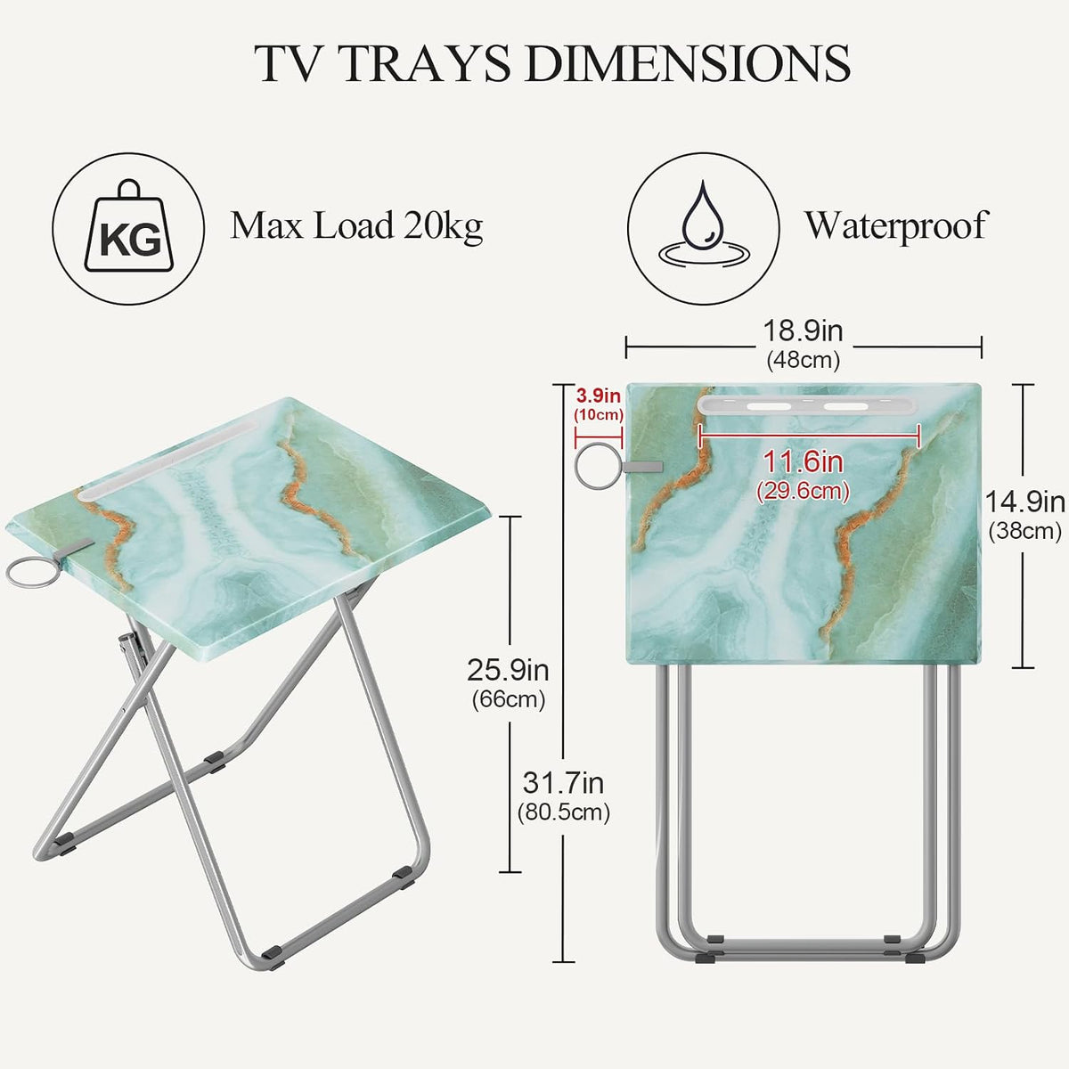 TV Trays Table Set of 4 Portable Folding TV Tray Table TV Dinner Tray with Sturdy MDF, Small Folding Tables with Phone & Tablet Slot, No Assembly Required, 15 x 18.9 x 25.6 in (Sea Blue Marble, 4Pcs)