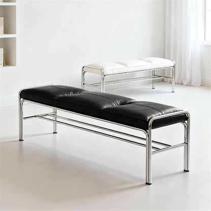 Modern Stainless Steel Long Bench with White Leather Cushion Home-use Soft-Padded Shoe Changing Stool Entryway(XS)