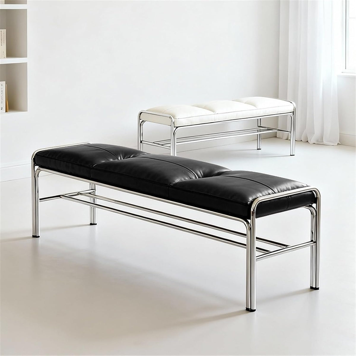 Modern Stainless Steel Long Bench with Leather Cushion Home-use Soft-Pack Shoe Changing Stool Black Entryway(Small)