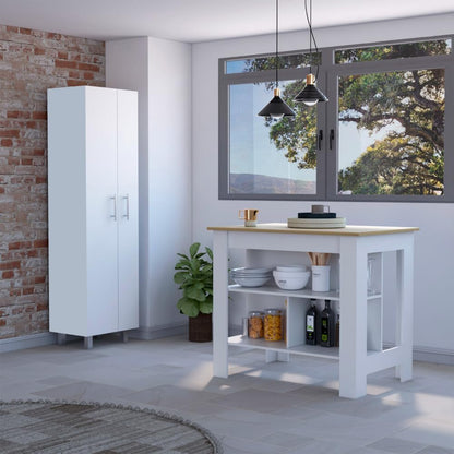 9-Shelf 2-Door Kitchen Island and Pantry Set in White and Light Oak | Combines 9 shelves and 2 doors for expanded storage capacity