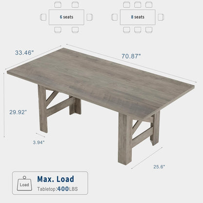 Takywep 71" Large Dining Table for 6-8, Farmhouse Wooden Kitchen Table with Sturdy Triangular Legs, Thick Rectangle Tabletop, Heavy-Duty Base for Dining Room, Apartment, Kitchen, Rustic Gray