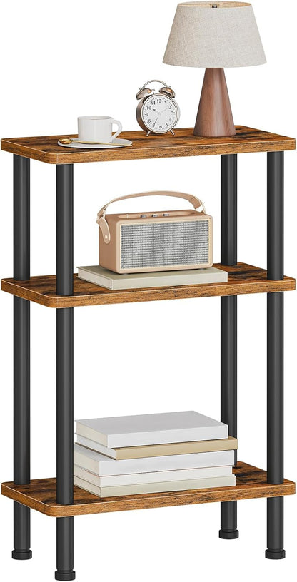 HOOBRO Narrow Side Table, 3-Tier Slim End Table No Tools Needed, Twist-On Assembly, Skinny Nightstand Sofa Storage Shelf for Living Room, Bedroom, Study, Rustic Brown and Black BF246BZ01N1