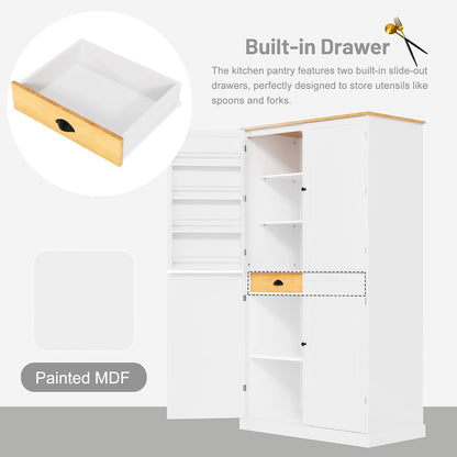 71.3 Inch Tall Freestanding Kitchen Pantry Cabinet, Large Food Storage Cupboard with 2 Drawers, 2 Adjustable Shelves and 8 Door Shelves, Utility Storage Cabinet for Kitchen & Dining Room,White