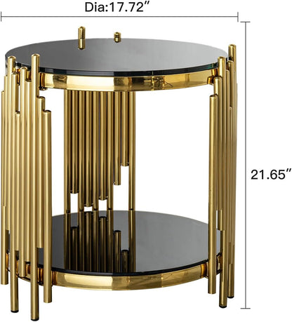 Set of 2 Modern Luxury 2-Tier Round End Tables, Black Tempered Glass Tops, Gold Stainless Steel Frames, Small Elegant Side Tables for Living Room, Bedroom, Office, or Café