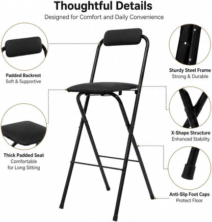 27.5'' Tall Folding Bar Stool, Cushioned Padded Folding Stool with Back, Portable Adult Folding Chair, 275 lbs Load Capacity, Counter Height Seat for Kitchen, Living Room, Garden, Camping, Black