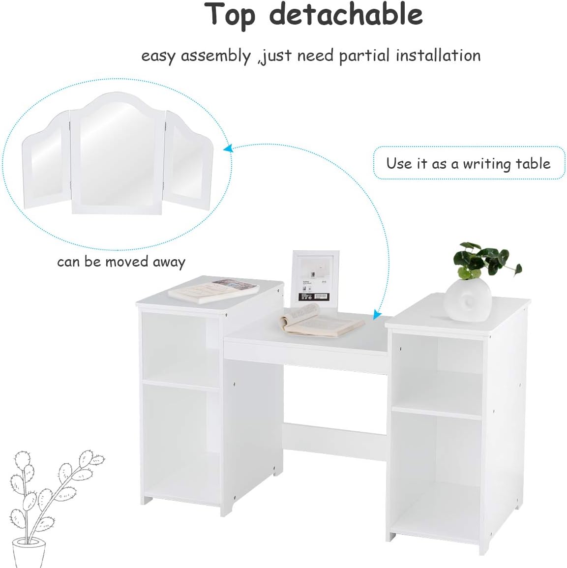 GOFLAME Kids Vanity Table, 2 in 1 Detachable Design with Dressing Table and Writing Desk, Princess Style, White MDF and Plastic Mirror, 42"×16"×46" (L×W×H), 2 Oversized Shelves, 3-Panel Mirror