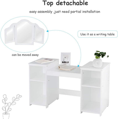 GOFLAME Kids Vanity Table, 2 in 1 Detachable Design with Dressing Table and Writing Desk, Princess Style, White MDF and Plastic Mirror, 42"×16"×46" (L×W×H), 2 Oversized Shelves, 3-Panel Mirror