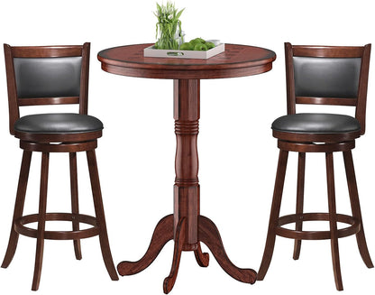 3 Piece Bar Table and Chairs Set, Round Counter Height Dining Table with Chessboard, 2 Upholstered Swivel Bar Stools, Rubber Wood Frame, Farmhouse Pub Table Set for Kitchen, Bistro