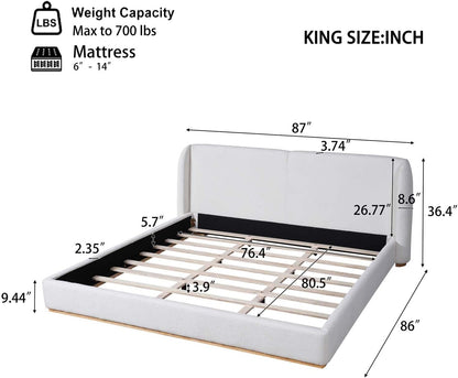King Size Boucle Bed Frame, Soft Cloud Bed Frame with Upholstered Wingback Headboard and Solid Wooden Legs, Contemporary Aesthetic Platform Bed, No Box Spring Needed (White, King 1)
