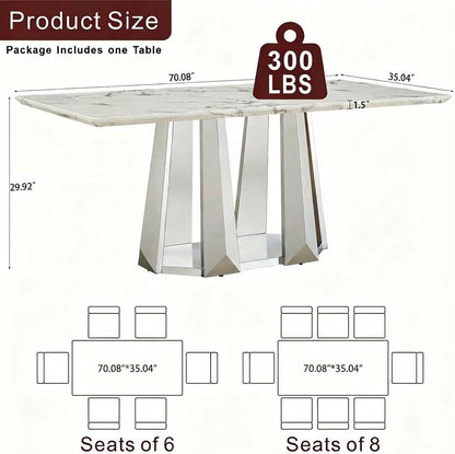 Luxury Rectangle Faux Marble 70" White Dining Table for 6-8 People, Modern Large Kitchen Table with Silver Mirrored Stainless Steel Leg Base, Dining Table for Dining/Living Room, Office (One Table)