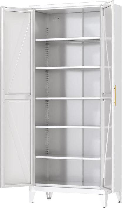 75" Tall Metal Pantry Cabinet, White Kitchen Storage Cupboard with 5 Adjustable Shelves, Heavy Duty Steel Food Organizer for Dining Room, Laundry Room, Living Room, Required Assembly